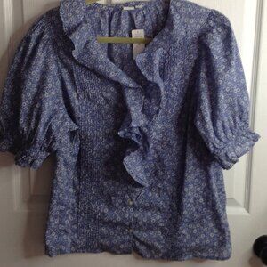 NWT GAP "XL" Ruffles, Floral Peasant Blouse, V-Neck, Pleated Tuxedo Look, Chic
